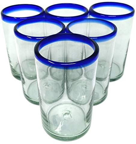 Dos Sueños Hand Blown Mexican Drinking Glasses - Set of 6 Glasses with Cobalt Blue Rims (14 oz each)