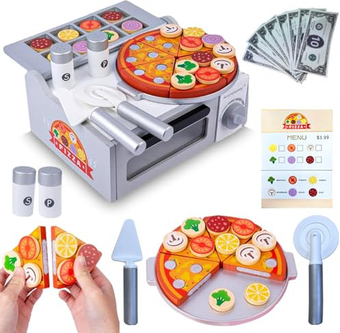 Koolbitz Wooden Pizza Making DIY Playset for Kids With Oven Set & Cutting Board, Toppings, Fake Money and Menu Pretend Play Toy Interactive Shop Role-Play for Boys and Girls Toy Kitchen Set For 3+