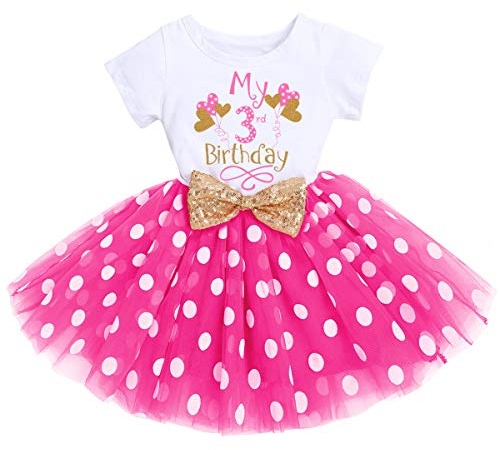 FYMNSI Kleinkinder Baby Mädchen Mein 3. Geburtstag Kleid Kurzarm Tutu Tüllkleid Gepunktet Rock mit Pailletten Schleife A-linie Prinzessin Partykleid Outfit Rose 3 Jahre