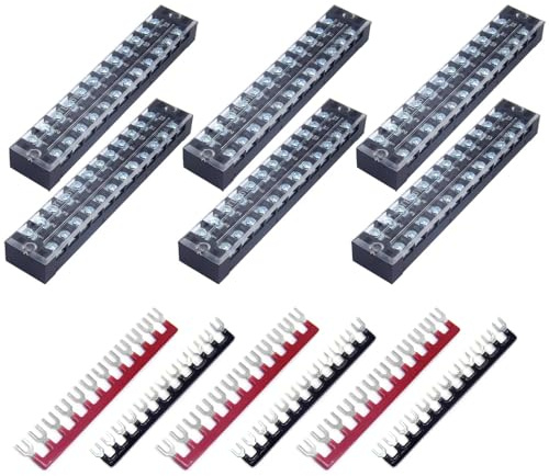 CEEYSEE Schraubklemmenleiste, 6 Stück 12 Positionen zweireihig abgedeckte Schraubklemme 600V 25A + 6 Stück 12 Positionen vorisoliert schwarz/rot Gabelklemmleiste 400V 25A (DTB2512)