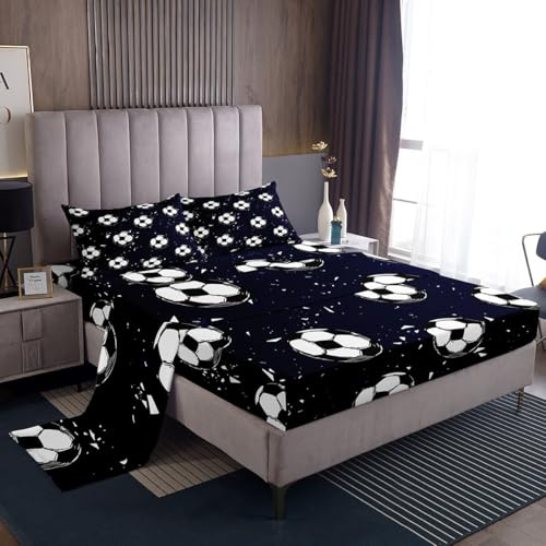 Football Sheet Set for Girls Boys Kids Soccer Ball Sports Theme Bedding Set Football Ball Pattern Room Decorative Bed Sheets Dark Blue Bed Sheet Set with Deep Pocket Fitted Sheet Full Size 4Pcs
