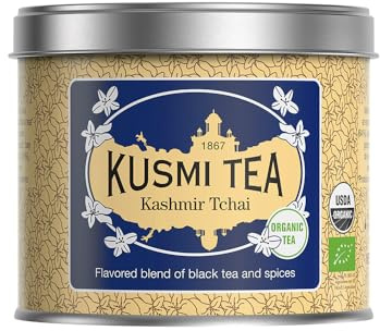 Kusmi Tea - Kashmir Tchaï - Ekologiskt svart te smaksatt med anis, kardemumma, kanel, ingefära och kryddnejlika - Teplåt i metall 100g - Rymmer ca 50 koppar