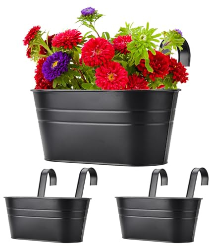 Blanketswarm 2 Pack Iron Hanging Flower Pots,Hanging Planter for Fence Railing with Detachable Hooks Balcony Garden Home Decor(Black)