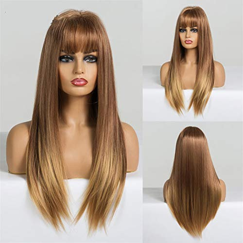 YTOOZ Pelucas Delanteras de Encaje sintético Cabello Largo y Liso y Flequillo Negro Lila Púrpura Marrón Ombre Peluca de Cabello sintético para Damas Peluca de Cosplay Resistente al Calor, E