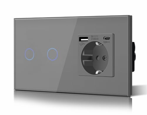 BSEED Touch Lichtschalter mit Steckdose USB C aus Glas, Modern Steckdosen Unterputz, Wandschalter mit LED Hinterlicht (Kein Neutralleiter erforderlich), Kein WLAN, 157mm 2 Fach 1 Weg Grau