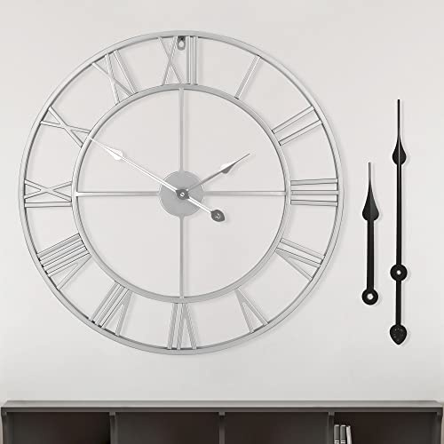HAITANG Große Wanduhr Silber Mit Römischen Ziffern - 16 Zoll Vintage, Ohne Tickgeräusche, Schwarz Metall - Für Wohnzimmer, Schlafzimmer Und Küche - 40CM