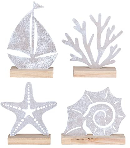 levandeo 4er Set Aufsteller Deko Maritim Holz Metall Natur Muschel Boot Koralle Seestern Meer Tischdeko Dekoration