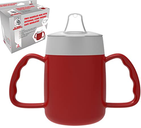 Dr. Bone's Therapeutics ® Tasse à deux anses avec cône intérieur bleu avec couvercle à bec verseur et petite ouverture, aide à boire 140 ml (rouge)