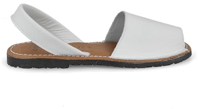 PAYMA - Platta sandaler med öppen tå för kvinnor. Tillverkad i Spanien. Sommar slunga tillbaka Espadrille Menorcan Menorquinas. Vadderad innersula. Öppen häl Läder, vit och svart., Vitt, 9.5