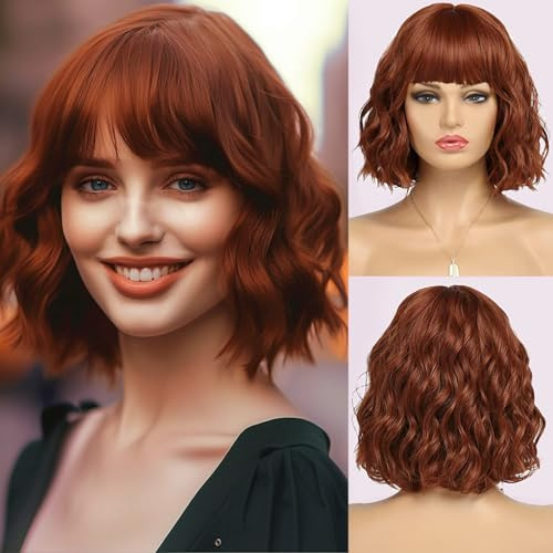 PORSMEER Kurze Bob Perücke Kupfer Orange mit Pony für Frauen Natürliches Perücke Damen Synthetisches Haar Bunt Täglich Party Halloween Cosplay Gewellte Lockige Perücken,Auburn wig