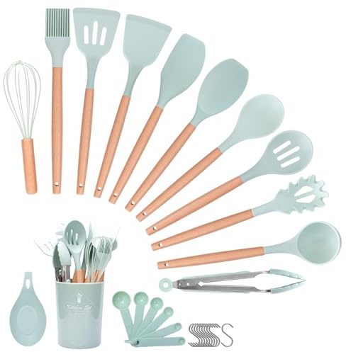 Helterfolg Küchenhelfer Set, 29-Stück Silikon küchenutensilien Set mit Utensilienhalter, Antihaft Hitzebeständiger Holzgriff Kochbesteck, Löffel, Spachtel Pfannenwender-Set(Hellgrün)