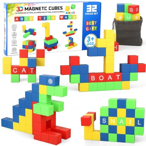 Magnet-Bauspielzeug, 32-teiliges Magnetplättchen, Buchstaben, Mathematik, Alphabet, sensorischer MINT-Baustein mit Graph, Konstruktions-Wissenschaftsset, Magnetspielzeug für Jungen, Mädchen, Kinder