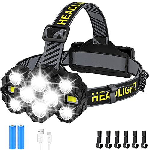 Lsnisni Linterna Frontal 10 LED Alta Potencia, 18000 Lumens Linterna Cabeza Recargable con Luz Roja, 10 Modos, Ganchos para Cascos, Luz Frontal Cabeza IPX5 Impermeable para Correr, Camping, Pesca