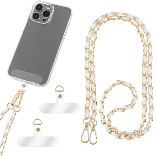 Amaxiu PU Leather Crossbody Lanyard For Women, Metal Neck Charm Cell Phone Chain Strap Hands Free Cellphone Neck Strap Grip Compatible With Most Smartphones(White)