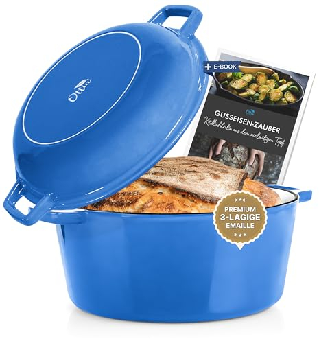 Ottia Pentola in ghisa, 26 cm, coperchio come padella, smalto di alta qualità, casseruola in ghisa, forno olandese, teglia per pane, tutti i piani cottura (anche a induzione), adatta al forno