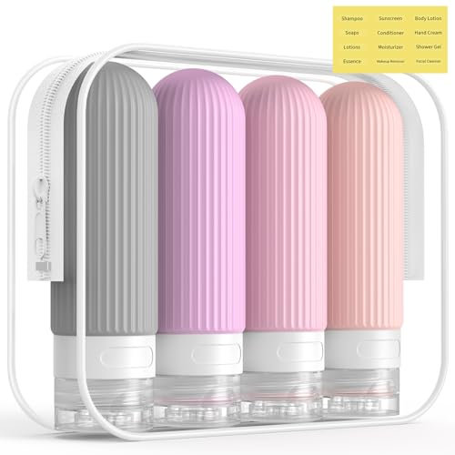 ME.FAN Travel Bottles for Toiletries, TSA Approved 3oz Silicone Journey Size Containers, Portable Split Bottle for Conditioner, Shampoo, Lotion- 4 Pack Purple