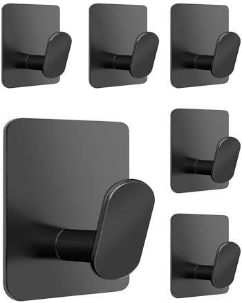 Adurei Ganci Adesivi Portasciugamani in Acciaio Inox Gancio Appendiabiti Gancio Appendiabiti Impermeabile Antiruggine per Bagno e Cucina - 6 Pezzi, Nero