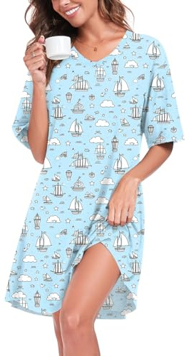 YVH Women's Nightdresses Nightshirt V Neck Nightwear Casual Nighties Sleepwear Short Sleeve Nightgown Night Dress Loungewear Pajama, Grey Blue Sails, XXL