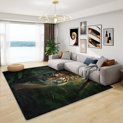 Teppich Tigermotiv - Teppich Wohnzimmer Schlafzimmer Dschungel Tiere, Großer Teppich Tiger, Weich Kurzflor & Waschbar & rutschfest Wohnzimmerteppich, Kinderteppich, Bettvorleger 160x230 cm