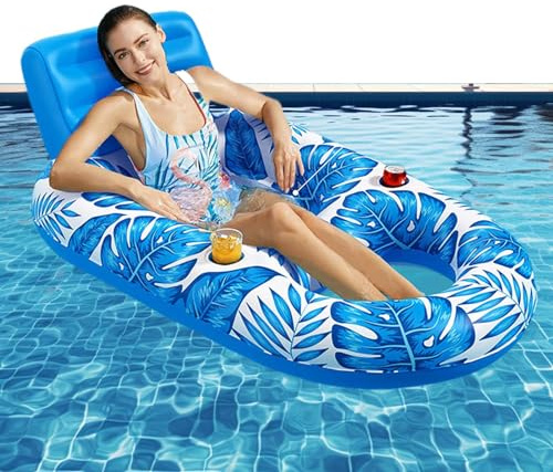 Inflatable Pool Float Lounger, Inflatable Pool Recliner with Cup Holder, Swimming Pool Floating Chairs, Adult Inflatable Pool Lounger for Pool Beach, Garden Backyard Fun
