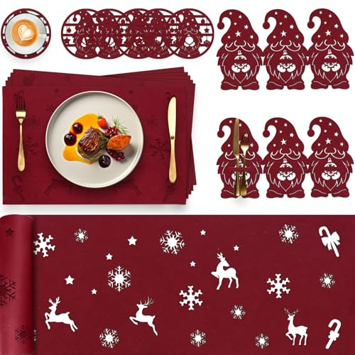 Kazaigou 19 Stück Platzset Weihnachten Weihnachts Tischset Weihnachtsdeko 2025 Tisch, Tischsets Weihnachten Tischdeko Filz Tisch Tischläufer Untersetzer Bestecktasche für Weihnachten