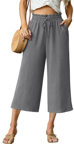 FREEOAK Boho Palazzo Pants for Women Flowy Wide Leg Capris with High Waist Drawstring Pockets Casual Holiday Gray Size Large
