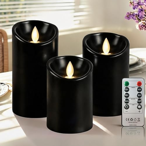 PinnWaa LED Kerzen, 3 Realistisch Flackernde Stumpenkerzen, Schwarz | 10-Tasten-Fernbedienung, Timerfunktion, Batteriebetrieb, Flackereffekt, Dimmbares Licht, Weihnachtsdeko, Hochzeit und Party