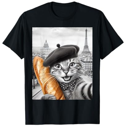 Lustige französische Katze Selfie Pariser Katze mit Baskenmütze und Baguette T-Shirt