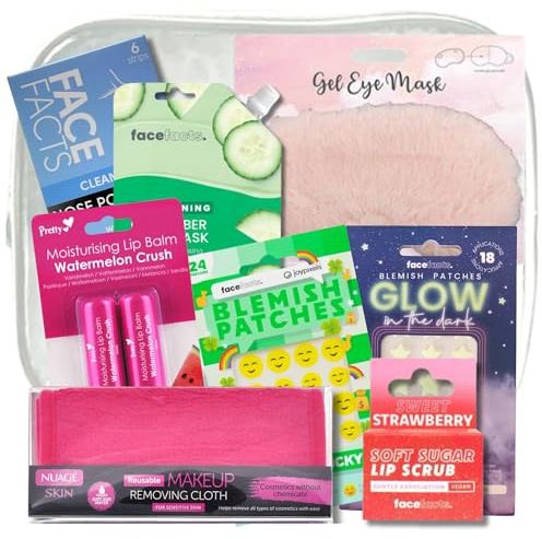 Skin Care Set for Acne with Pimple Patches, Gel Eye Mask, Make Up Remover Cloth, Cucumber Clay Face Mask, Witch Hazel Nose Strips, Lip Scrub, Watermelon Lip Balm and Cosmetic Bag for Blemish Treatment