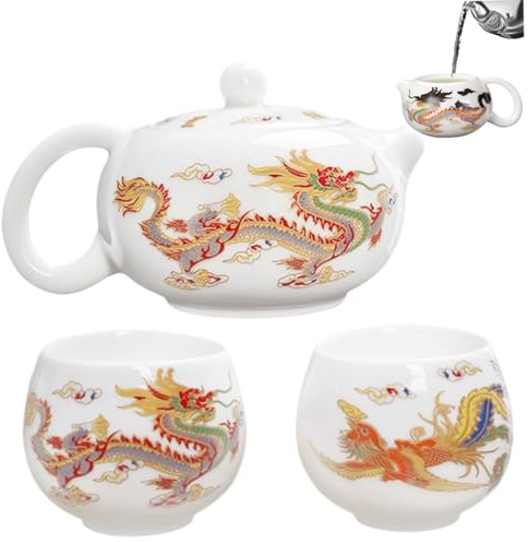 Jorzer Keramik-Teekanne mit 2 Tassen Drache und Phönix Farbwechsel chinesische Teekanne mit Henkel und Teesieb 230 ml Weite Öffnung traditionelles Kung-Fu-Teeset Teegeschenk