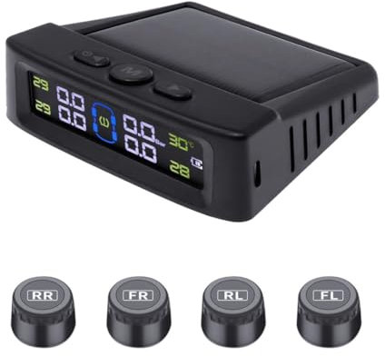 Avutrel Tyre Pressure Monitoring System TPMS 0-5bar Solar and USB Charging, Digital Display with 4 External Sensors 4 Alarm Modes, Real Time Pressure Display for Cars SUV RV Trailer Caravans