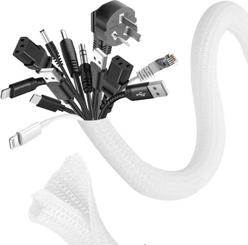Romon 6m Kabelschlauch, 25mm-32mm Zuschneidbar Kabelkanal Selbstschließend, Flexibler Gewebter Kabelmantel, Spiralschlauch für TV PC Heimkino Automobilkabel, Kabelmanagement Bissfest für Hund- Weiß