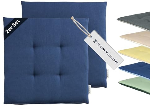 TOM TAILOR NEU! Sitzkissen Stuhl 2er Set - gemütliche Stuhlkissen 40x40 cm in Blau - Sitzauflage waschbar für Esszimmer, Bürostuhl, Bank, Boden & Gartenmöbel - Oeko Tex Zertifiziert