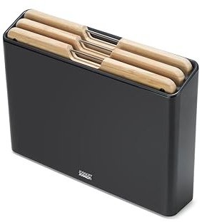 Joseph Joseph Folio Juego de 3 Tablas de Cortar en madera de Bambú, Estuche para Almacenaje Organizado en la Cocina en Acero Inoxidable, Negro