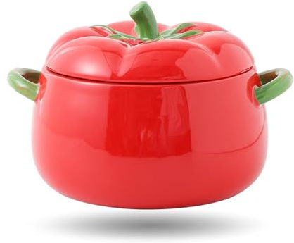 Cute Bowl with Lid, Tomato Pottery Dessert Saucepan, Mini Baking Dish Cute Tomato Bowl, Covered Dutch Oven Ceramic Stockpot, Tomato-Shaped Casserole (Red)