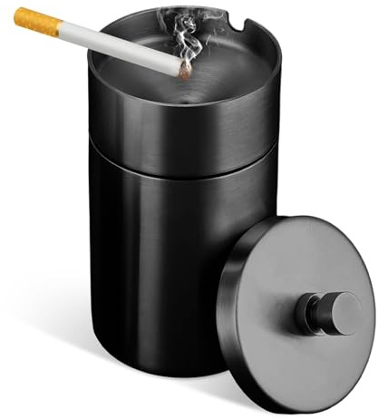 BWBWND Car Ashtray with Lid, Stainless Steel Smokeless Ash Tray Windproof Extinguished Butt Bucket, Portable Detachable Cigarette Ashtray for Car Cup Holder Home Office Travel (Black)