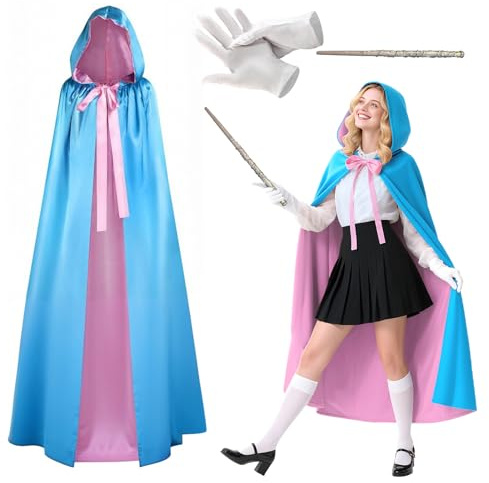 Boyigog Disfraz de madrina, capa de hada, accesorios de disfraz con capa azul y rosa, guantes, varita mágica para Halloween, máscaras, carnaval, cosplay, disfraces de madrina para mujeres adultas