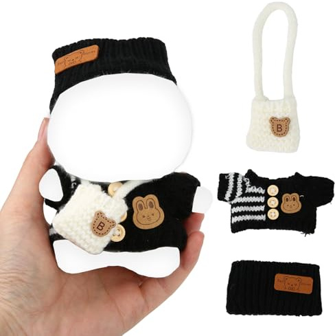 BOXOB 17cm & 10cm Puppen Zubehör und Kleidungs Set, 3stk Gestricktes Puppens Outfit mit Häkel Tasche und Schwarzem Häkel Hut Süßes Bären Thema Kleidung für Puppen Sammler & Fans