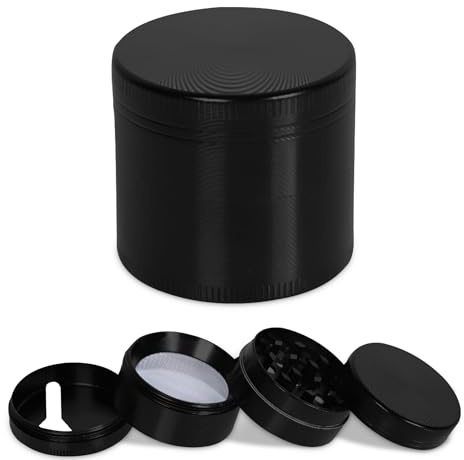 OVADA Grinder aus Zink – 4-teilig mit Antihaft-Beschichtung & Schaber, robuste Kräutermühle/Gewürzmühle/Crusher für Kräuter, Dry Herbs & Spices (Schwarz, Small (Ø 40 × 38 mm))