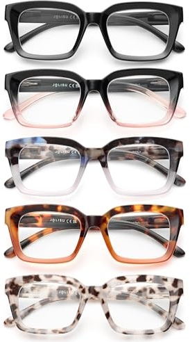 JOLISU 5 Pack Reading Glasses for Women,Blue Light Blocking Computer Readers,Square Eyeglasses with Spring Hinge +1.50