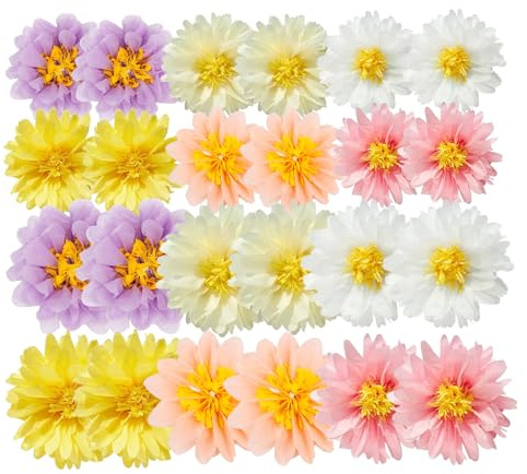 UCFBWO Lot de 24 pompons décoratifs en papier de soie - Motif marguerites pastel - Décoration de chambre esthétique pour mariage, fête prénatale, anniversaire de fille, fête de jardin