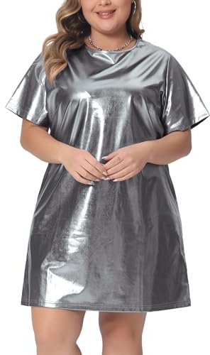 Agnes Orinda Kleid in Übergröße für Damen Metallisch Rundhalsausschnitt Kurze Ärmel Party-Clubwear Lockeres Mini-T-Shirt-Kleid Silber XXL