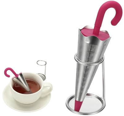 sourcing map Umbrella Tea Infuser, Stainless Steel Loose Leaf Tea Steeper Filter with Silicone Handle Reusable Thin Pores Mesh Strainer Diffuser for Teacups Teapots Mugs, Rose Red
