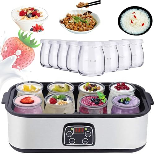 Yogurtiera Ultimate con Barattoli di Vetro da 8 Pezzi, Yogurtiera Automatica da 1400 Ml, Yogurtiera Elettrica Multifunzione, per Yogurt Biologico, Natto Maker