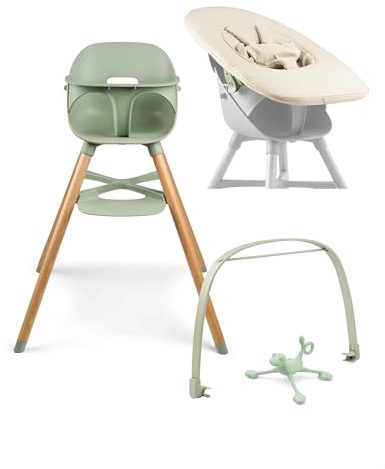 Ziza Baby Hochstuhl Newborn Set Olive/Beige - Kippsicherer & ergonomischer Kinderstuhl mit Neugeborenenaufsatz, Hochwertiges Babyset mit Spielbogen & Spielzeug