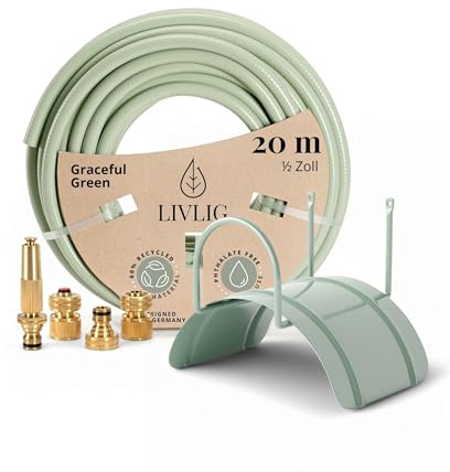 Set de tuyau d'arrosage LIVLIG 20 m – Kit complet d'arrosage de jardin avec tuyau d'eau de 1/2 pouce, support mural en acier et arrosoir de jardin en laiton – Set de tuyau 20 m incl. raccords, vert