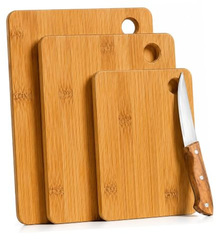 4-Piece Extra-Thick Wooden Chopping Board Set, 1 Knife + 3 Piece Bamboo Chopping Board 33x22cm / 28x22cm / 22x15cm, Thick 1.5cm,100% Organic 3-Layer Bamboo, Non-Slip Feet, for Meat,Veg,Bread,Cheese.