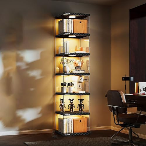 Pounjsd Glas Vitrinenschrank mit LED, Curio-Schrank, Vitrinenschrank Eckvitrine Glasvitrine Standvitrine, sammlervitrine hergestellt, glasvitrine stehend Groß für Wohnzimmer, Schlafzimmer, Büro