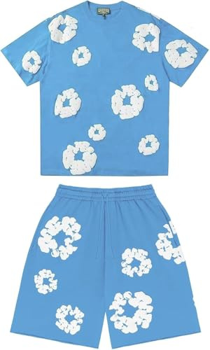 Genérico Conjunto Hombre Flores,Chándal Flores en Relieve de Verano de 2 piezas Traje de Jogging de Manga Corta,Y2K Camiseta Hip Hop para Unisex