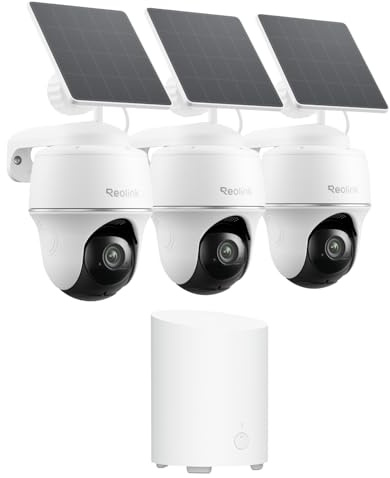 Reolink 2K Überwachungskamera Aussen Solar Akku mit Home Hub Mini, 360° Schwenkbare, KI-Erkennung, Zentralverwaltung & Lokalspeicher, Ohne ABO-Gebühren, Argus PT Lite 3-Kamera-Set, mit Solarpanel Lite